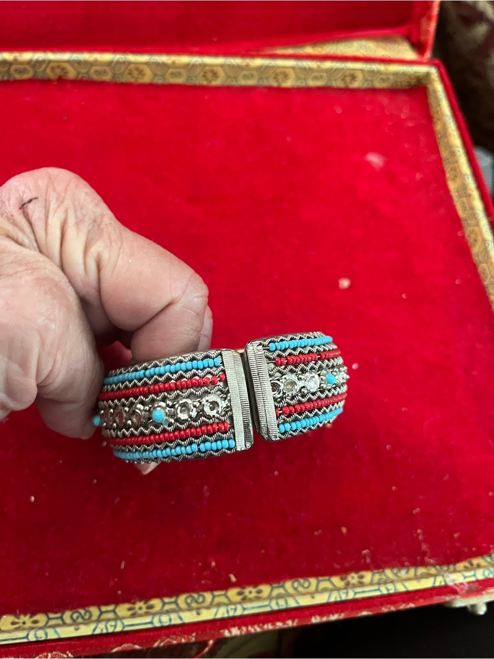 Red and Turquoise Beaded Cuff Bracelet - Women Jewelry